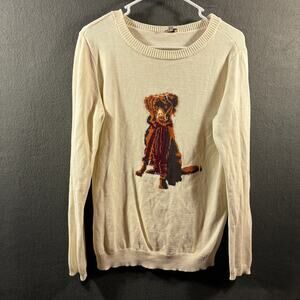 women cotton sweater medium cream dog novelty knit lab cottage crewneck novelty